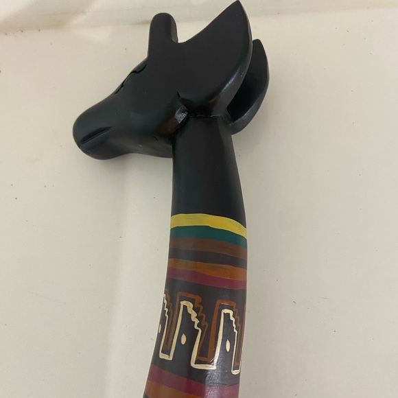 Black Wooden Giraffe Sculpture with Colorful Accents
H 21.5”.  X.  2”. X. 4”. - Picture 5 of 11